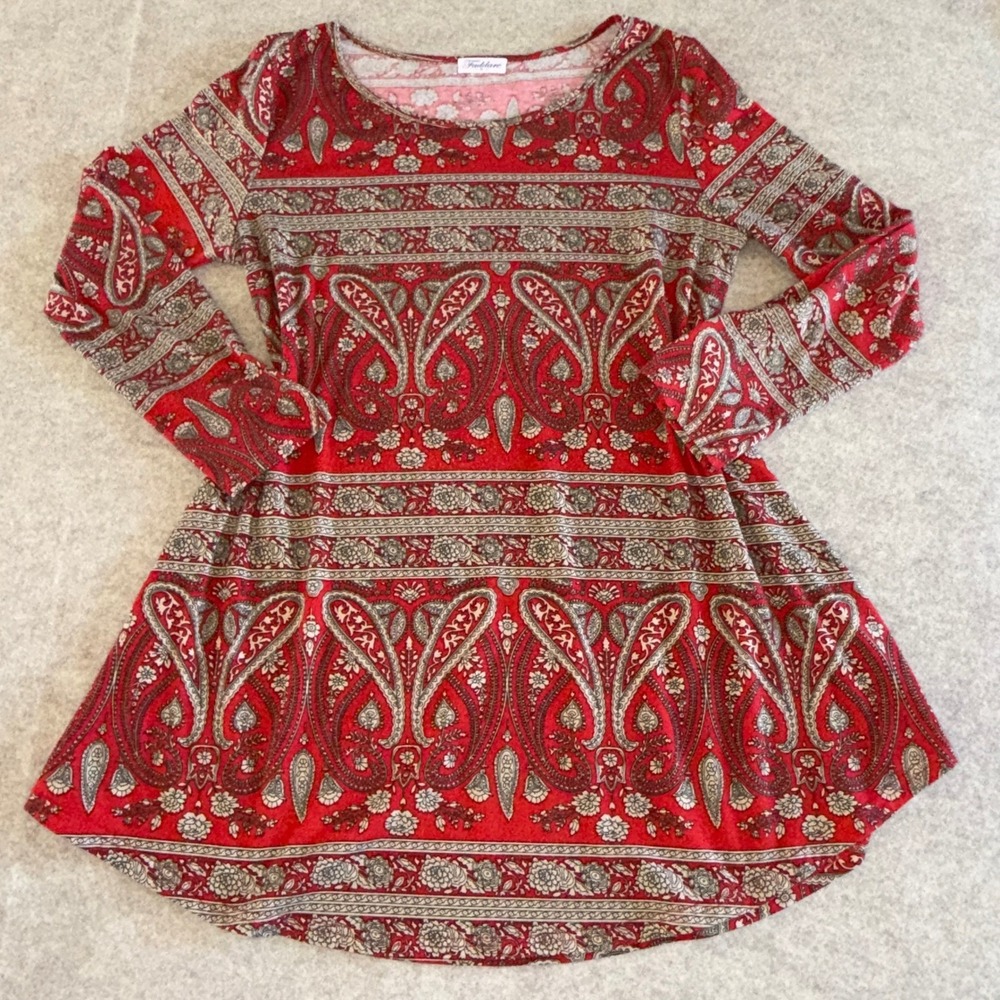 Faddare Red Paisley Floral Boho Tunic Top Long Sleeve Scoop Neck XL